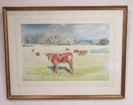 Jean Palmer (British Contemporary); Cattle grazing in a wooded field, two studies, watercolour,