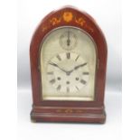 Gustav Becker - early C20th inlaid mahogany lancet cased chiming mantle clock on brass bun feet