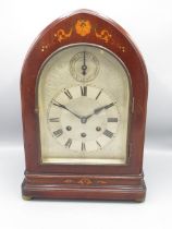Gustav Becker - early C20th inlaid mahogany lancet cased chiming mantle clock on brass bun feet