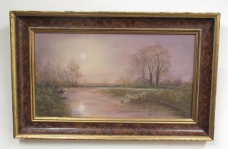 English School (Contemporary); Moonlit river landscape with fisherman in a boat, oil on canvas,