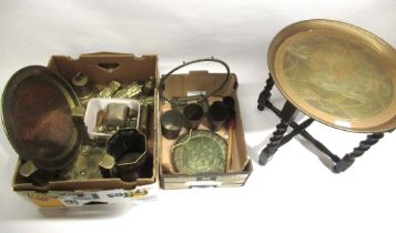 Collection of brassware, incl. two pieces of Cairo ware, Indian brass and enamel lassi cups, brass