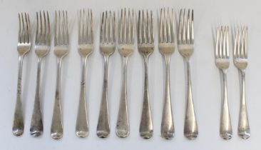 Nine Geo. III hallmarked silver dinner forks, various dates and makers, together with two