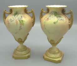 Pair of Royal Worcester pedestal vases, gourd-shaped bowl with scrolled handles, painted with floral
