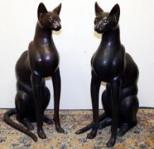 Pair of large patinated hollow bronze models of seated Egyptian cats, H81cm (2)