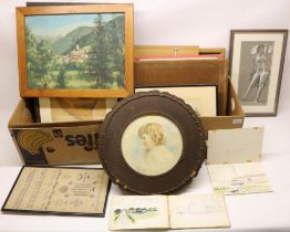 Quantity of loose sketches, framed pictures incl. watercolours, prints, and a needlework sampler (