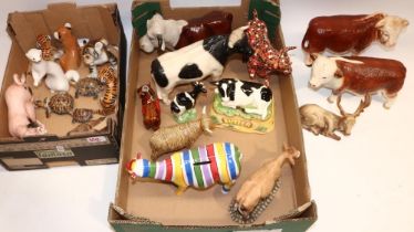 Collection of ceramic cow and bull figures, Beswick stag No. 954 A/F, Wade tortoises, and other