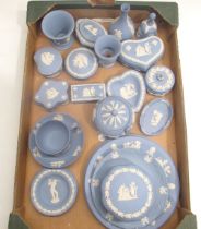 Wedgwood blue jasperware cabinet cup and saucer and a collection of other Wedgwood jasperware with