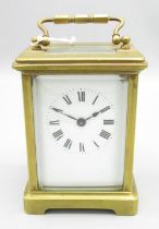 Early C20th French 8 day presentation brass carriage clock timepiece, white enamel Roman dial,