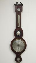 C19th mahogany wheel barometer with swan neck pediment, silvered dial, dry damp indicator,