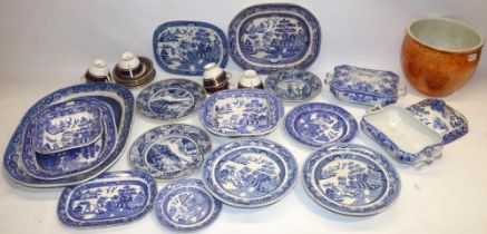 Two boxes of blue and white ceramics, predominantly willow pattern; six Royal Doulton Imperial