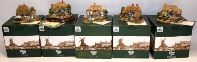 Five boxed Lilliput Lane models: Old Scrumpy Farm L2394, The Enchanted Garden L2410, The Good Life