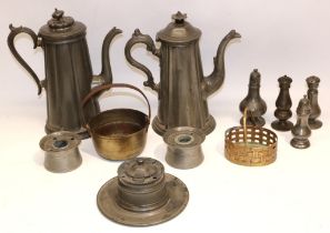 Collection of pewter and other metalware, incl. coffee pots, inkwells and cruets, etc. (qty.)