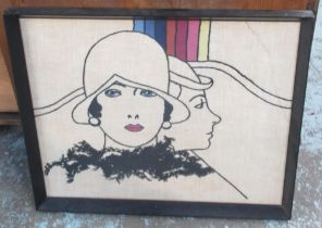 C20th coloured woolwork study of two 1920's girls, 45cm x 56cm