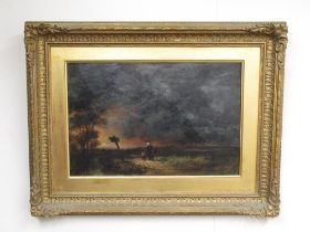 English School (C19th); Travellers on a pathway in a storm, oil on tin, indistinctly signed, 28cm