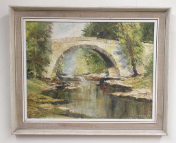 Ken Johnson (British C20th); 'Stone Bridge' oil on canvas, signed, 34cm x 44cm