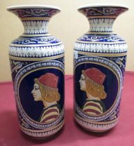 Pair of 20th C Riprodwzione Italian vases, polychrome decorated with central panel set with a bust