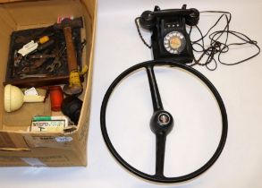 Austin Mini steering wheel, vintage car tool kit, black Bakelite model 164 telephone, etc.