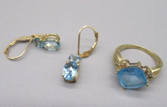 14ct yellow gold drop earrings set with blue topaz, stamped 14k, 3.2g, and a 9ct yellow gold ring