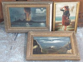 Naive School (C19th); Volcano erupting and a Coastal landscape, pair of oils on canvas, 24cm x
