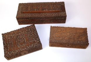 Three Indian carved wood boxes, max. L29cm (3)