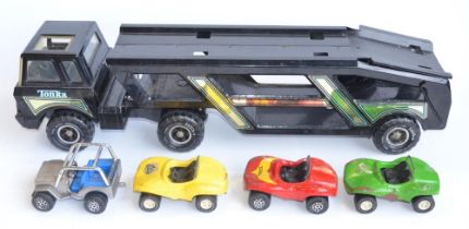 Large Tonka MR-970 pressed steel car transporter with 4 Tonka cars