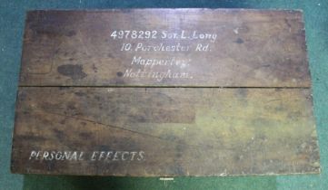 Large wooden soldiers travelling chest, for 4978292 Sgt L. Long of Nottingham. 35cm x 87cm x 50cm