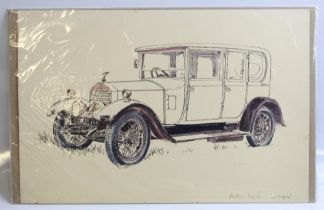 Pen and ink drawing drawing of a Rolls Royce 'Twenty' by Alan Crisp (unsigned) 38cm x 26cm. Pen