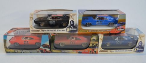 Five 1/32 scale Dodge Charger slot car models from Pioneer to include Dukes Of Hazzard P016