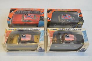 Four 1/32 scale Dodge Charger slot car models from Pioneer to include Dukes Of Hazzard P016