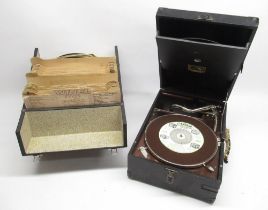 HMV Portable Gramophone with a collection of English Folk Dance and Song Society 78 records