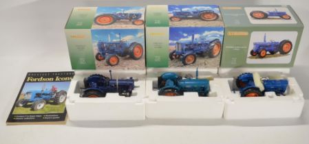 Three boxed Universal Hobbies 1/16 scale diecast Fordson tractor models to include Fordson Major
