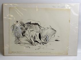 Pen and ink cartoon sketches by Sid Miller. 'Wet weather' and 'Mountain goat' (fire damage to edges)