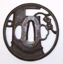 Japanese Sukashi Kiku Mumei iron tsuba, Edo period (C17th) to fit Wakizashi with bamboo grass and