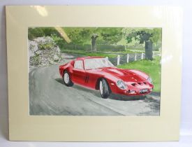 Ink and Watercolour painting of a Ferrari 250 GTO by Alan Crisp. signed by the artist. Frame size