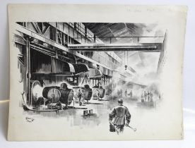 George Lane. Pen and ink sketch 12/1/49 titled 'The Motor'. 36cmx28cm. Pen and ink sketch. 'Put