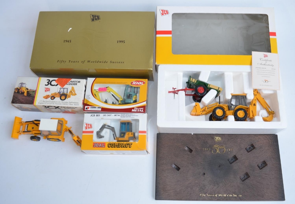 Joal 1/35 diecast JCB 50 Years Commemorative set with 4CX Backhoe Loader and Farm Trailer with