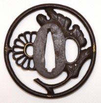 Japanese Sukashi Kiku iron tsuba, Edo period (C17th) Mumei with Chrysanthemum and leaf design. (