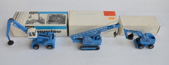 Three 1/50 scale diecast Fuchs plant models to include Conrad wheeled Magnetic Grabber (Mod No 2842,