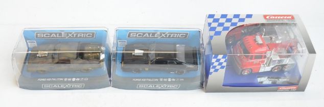 Three 1/32 scale racing slot car models to include Mad Max C3983 Ford XB Falcon matte Black (