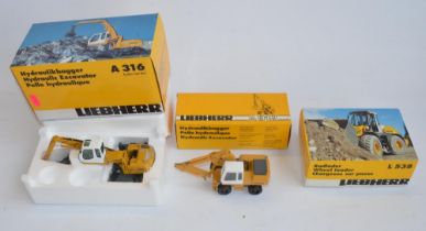 Three 1/50 scale diecast Liebherr plant models to include Conrad L538 Wheel Loader (Mod No 2435/0,