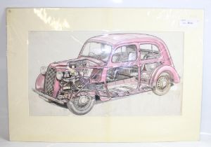 Original cutaway ink drawing of a 1937 Vauxhall Saloon car, by artist Max Millar, and John Palmer.