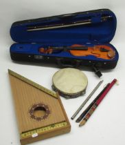 The Stentor child's Violin and bow in case, Tambourine, small Harp and 3 flutes (6)
