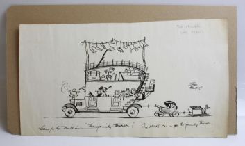 Pen and ink cartoon sketches by Sid Miller. 'The ideal family car', and 174 M.P.H. 36cmx19cm