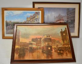 Collection of tram related pictures and books to incl. textured print by Don Brekin (85.5x60cm),