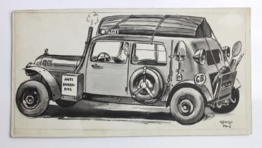 George Lane. Pen and watercolours titled 'Relief for export tyres' and ' Tax on tyres' 25cmx14cm,