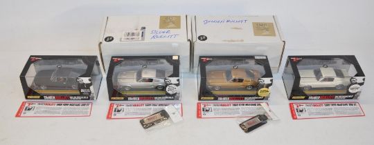 Four 1/32 scale Steve McQueen Bullitt slot car models from Pioneer to include P002 Silver Bullitt