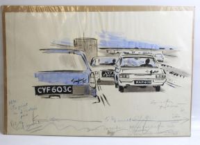 Ink and watercolour painting of a prototype camper van. 55cm x 33cm. Original watercolour of a