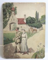 Original watercolour of a couple walking around a stately home grounds. Officer in uniform, possibly