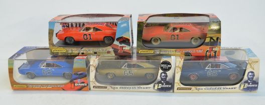 Five 1/32 scale Dodge Charger slot car models from Pioneer to include Dukes Of Hazzard P016