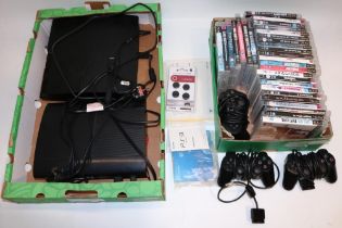 Two PlayStation PS3 games consoles, three controllers, and approx. 30 games (qty.)